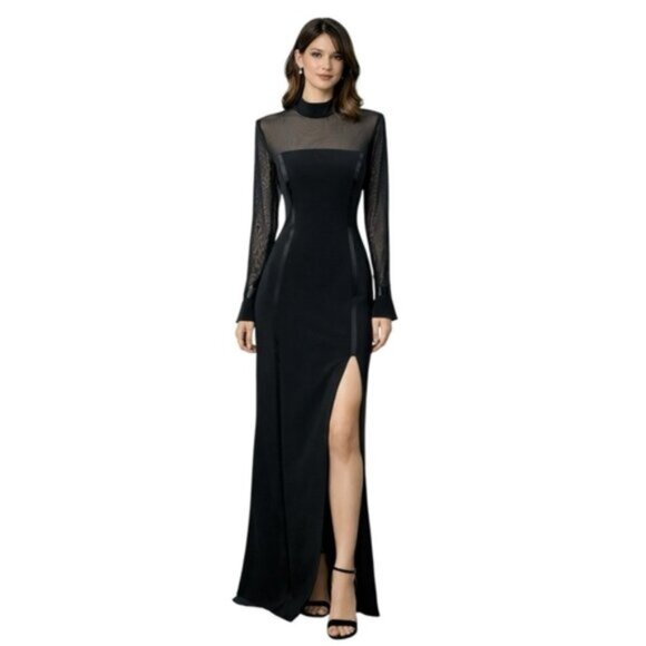 Oleg Cassini Dresses & Skirts - Oleg Cassini Black Sheer Mesh Long Sleeve High Split Maxi Formal Maxi Gown